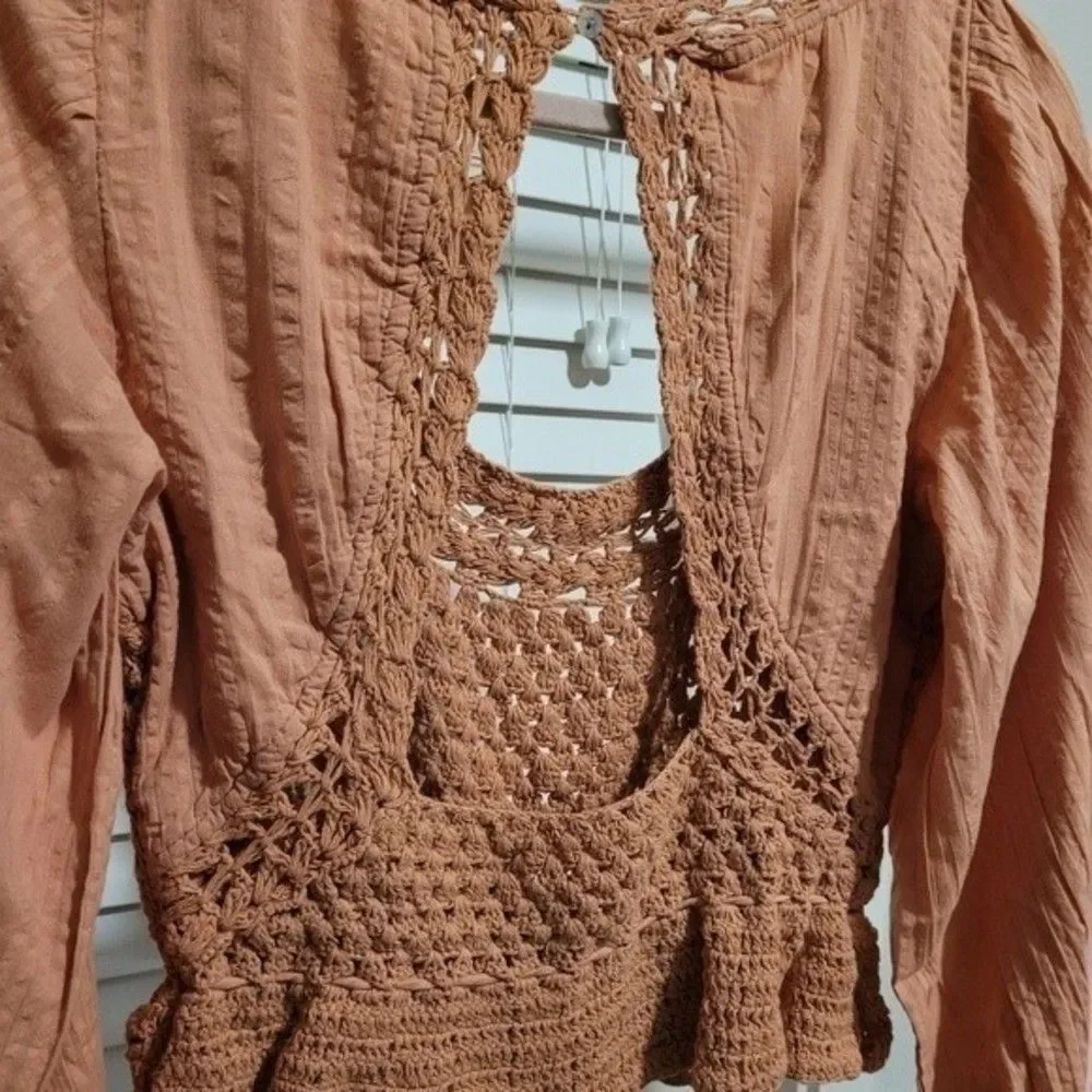 Free People Megan Balloon Sleeve Crochet Top Size Small Bohemian Cottagecore